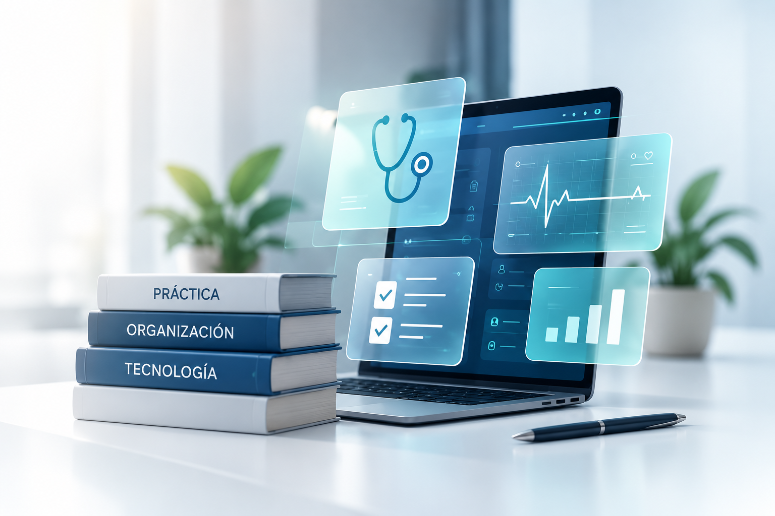 Libros, una computadora y paneles digitales que conectan medicina y tecnología